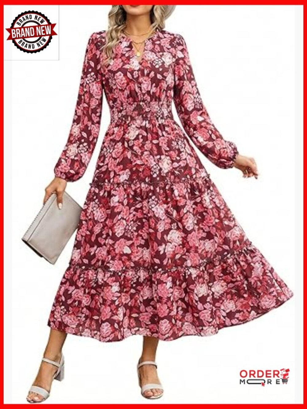Women Long Sleeve Midi Dress Boho Floral Casual A Line Maxi Dress with Pocket